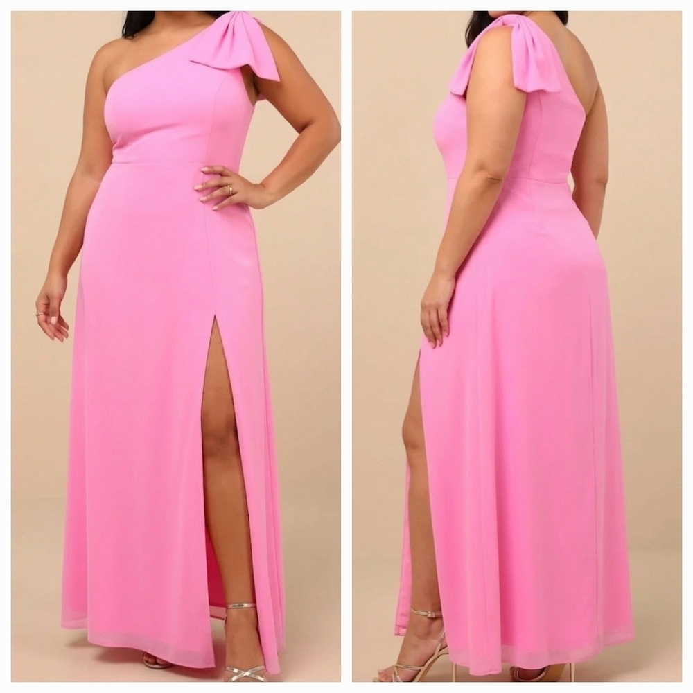 Lulus 3X Simply Brilliant Pink One-Shoulder Bow Maxi Dress, Size 3X